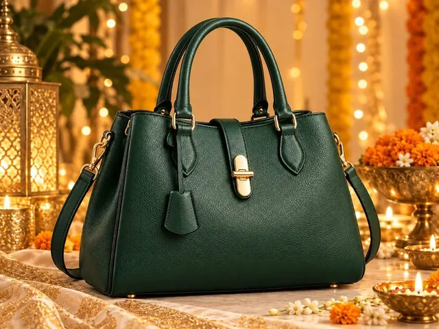 Festival Theme example: the handbag among festive lamps, flowers and lights, labeled AI-generated